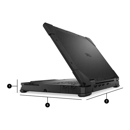 Vista detallando dimensiones, de Notebook Dell Rugged Pro 14, 1. Altura: 3.36 cm 2. Anchura: 34 cm 3. Profundidad: 22 cm