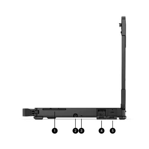 Vista Lateral Derecho Dell Rugged Pro 14: 1. Lector de tarjeta inteligente (opcional)  2. Lápiz  3. Cordón para lápiz  4. Lector de tarjetas microSD / ranura para tarjetas nanoSIM  5. Segundo puerto TBT4 /USB 4 Gen 2 tipo C (opcional)