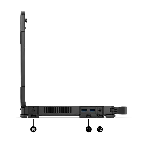 Vista Lateral izquierdo Dell Rugged Pro 14: 10. Segundo puerto TBT4 / USB 4 Gen 2 tipo 11. 2 USB 3.2 Gen 1 tipo A  12. Conector de audio universal