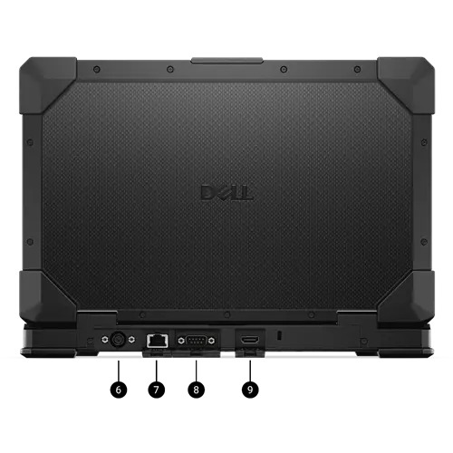 Vista Parte posterior Dell Rugged Pro 14: 6. Ranura vacía 7. Puerto de red RJ45  8. Puerto serie RS-232  9. HDMI