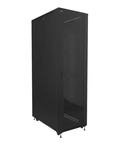 Imagen referencial del gabinete de piso NPC-T42U68B de Nexxt Solutions, ideal para centros de datos y salas de computación con puertas de cristal y malla perforada.