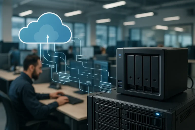 Imagen referencial para blog sobre NAS Qnap, Integrado en oficina, Generada con IA