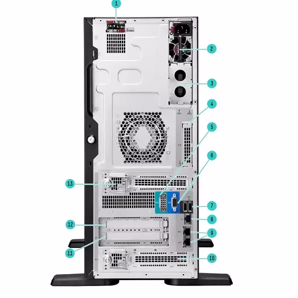 Vista Conectores con detalles de Servidor de Torre HPE ProLiant ML110 Gen11 con Intel® Xeon® Bronze 3408U, 16 GB de RAM y 4 TB SATA.