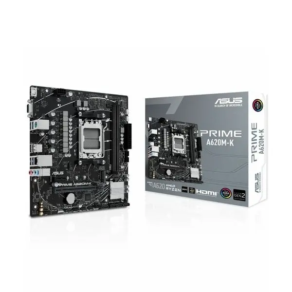MB Asus Prime A620M-K Imagen referencial de Placa Base de computador Asus Prime A620M-K para Procesador AMD(AM5) y su empaque.