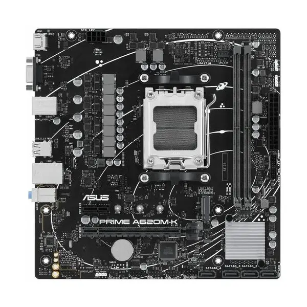 Asus Prime A620M-K Placa Base de computador Asus Prime A620M-K para Procesador AMD(AM5) Vista frontal de sus componentes